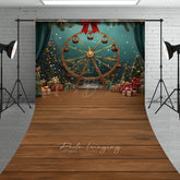 Lofaris Winter Christmas Fair Sweep Photo Backdrop Gold Ferris Wheel with Gifts and Trees Holiday Carnival Prop